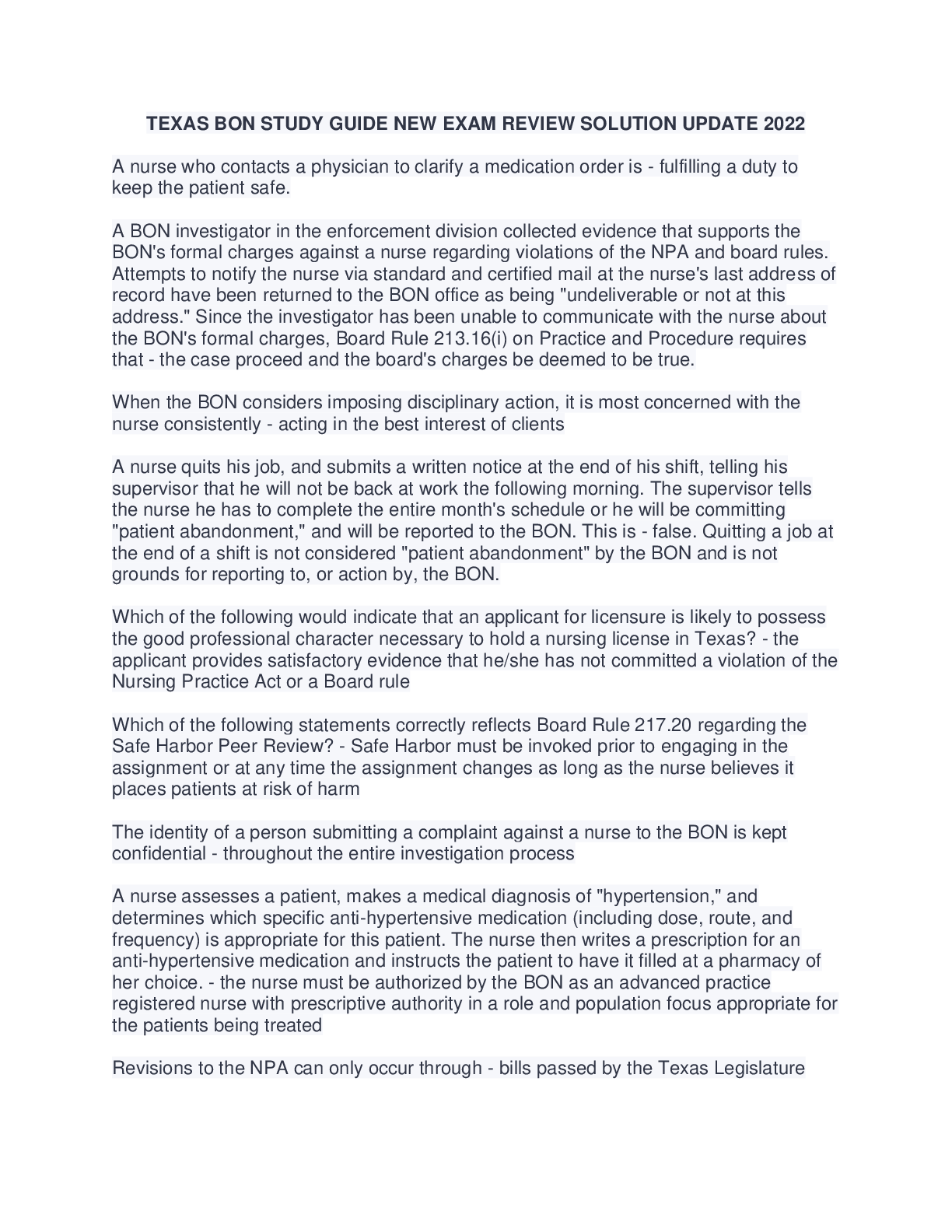 TEXAS BON STUDY GUIDE NEW EXAM REVIEW SOLUTION UPDATE 2022 Browsegrades